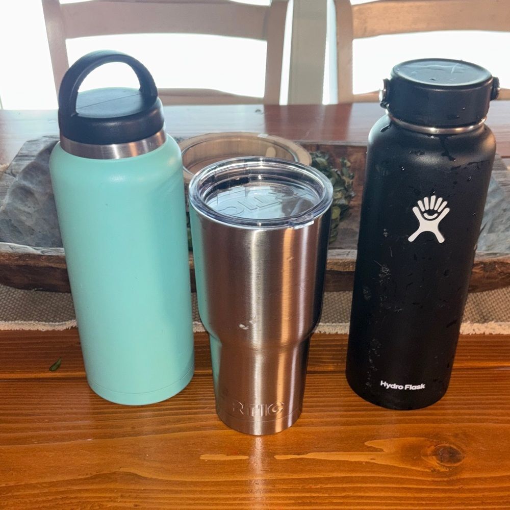 Rtic and Hydro Flask Black and Aqua Tumblers
